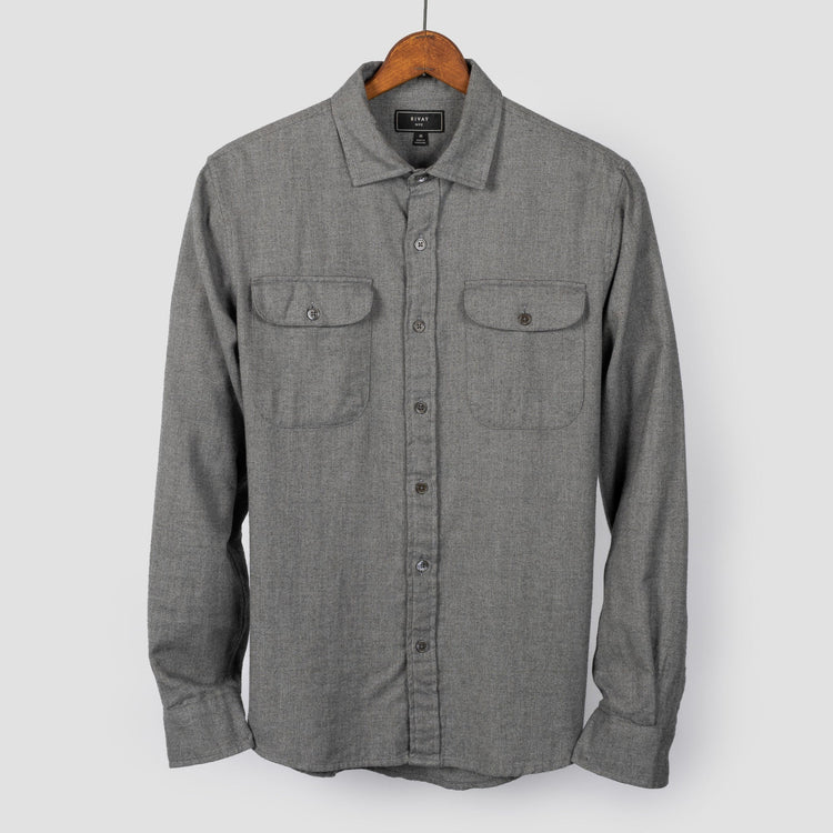 Miles Brushed Flannel Camp Shirt in Grey Herringbone