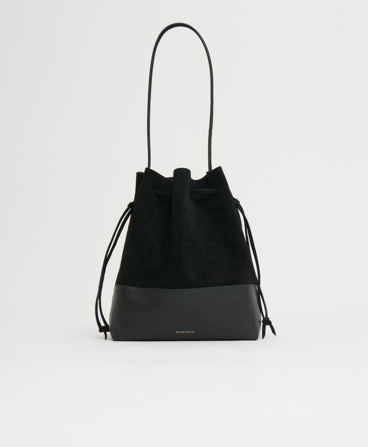 Drawstring Cabas in Black Suede/Black