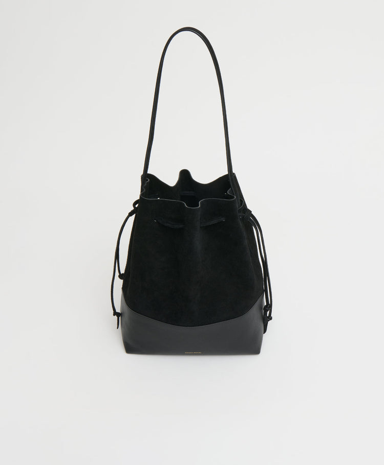 Drawstring Cabas in Black Suede/Black