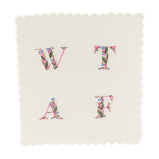 WTAF Handkerchief in Pink with Blue, Hand-Embroidered on Cotton with Blue Flowers and Green Leaves