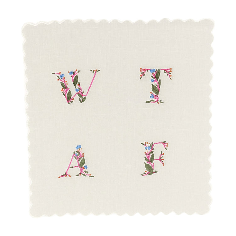WTAF Handkerchief in Pink with Blue, Hand-Embroidered on Cotton with Blue Flowers and Green Leaves