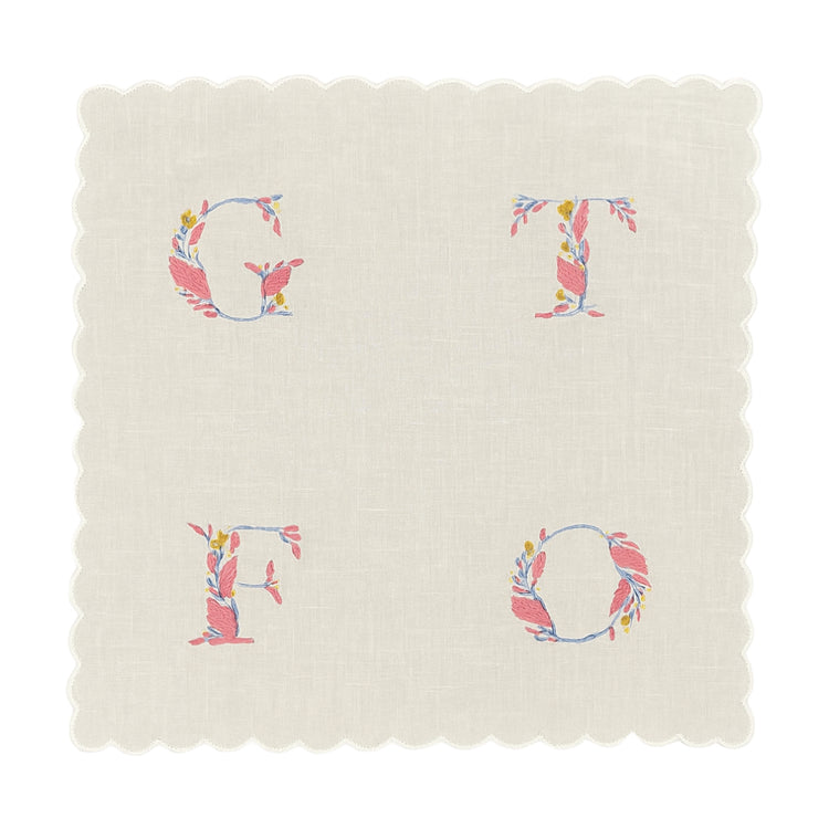 GTFO Handkerchief in Periwinkle, Hand-Embroidered on Cotton with Yellow Flowers and Pink Leaves