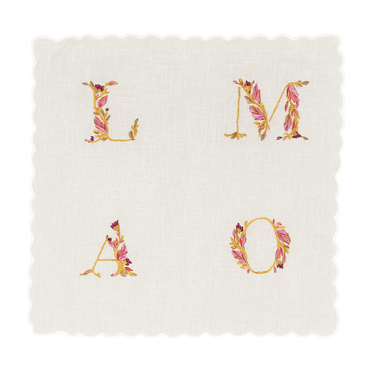LMAO Handkerchief in Olive, Hand-Embroidered on Cotton with Purple Flowers and Green Leaves