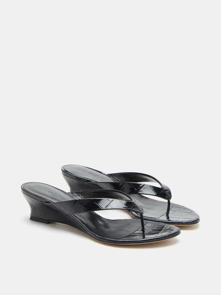 Micro Wedge Thong in Croc Effect Coco Black Leather