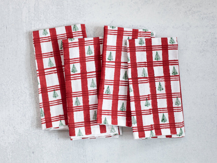 Dinner Napkins (Set of Four) in Plaid Trees, Red & Evergreen
