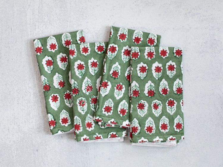Dinner Napkins (Set of Four) in Poinsettia, Sage & Red