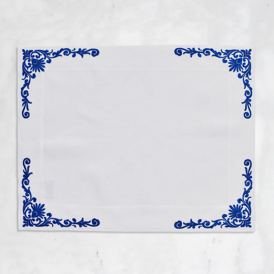 İznik Tile Flower Embroidered Placemat in Dark Blue