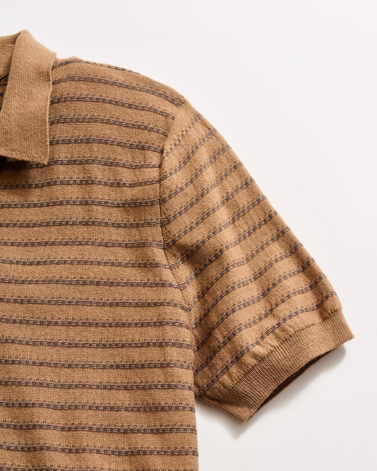 Textured Stripe Sweater Polo in Camel
