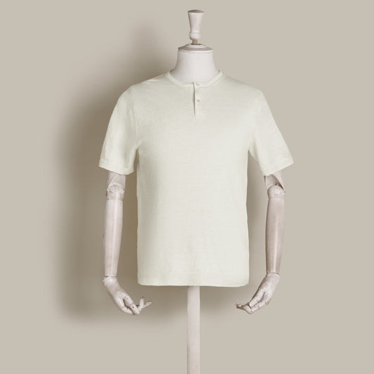 Short Sleeve Knitted Linen Henley Shirt in Off White