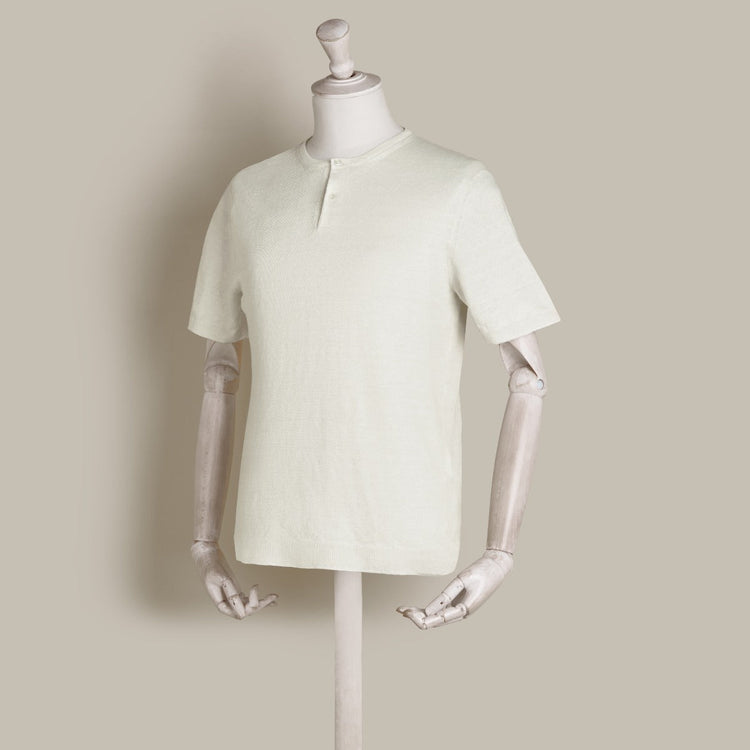 Short Sleeve Knitted Linen Henley Shirt in Off White