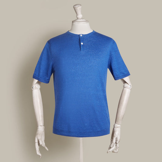 Short Sleeve Knitted Linen Henley Shirt in Ocean