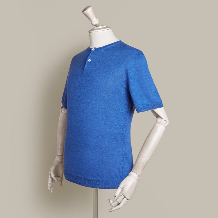 Short Sleeve Knitted Linen Henley Shirt in Ocean