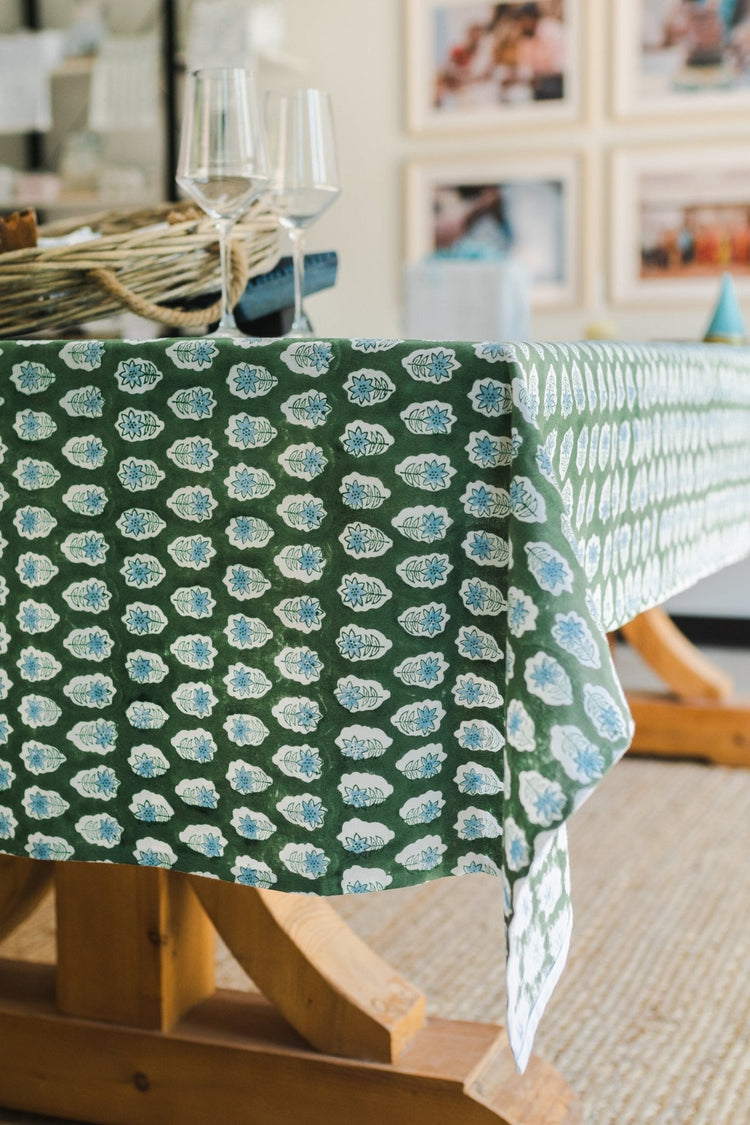 Tablecloth in Poinsettia, Sage & Uniform Blue