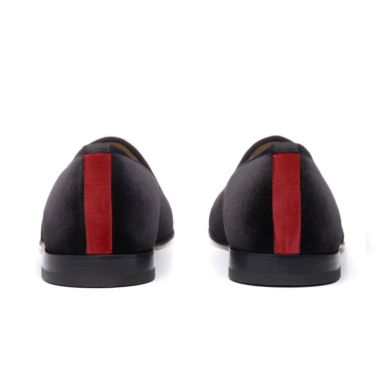 Men’s Black Velvet Slipper II With Red Croc Effect Leather Stripe